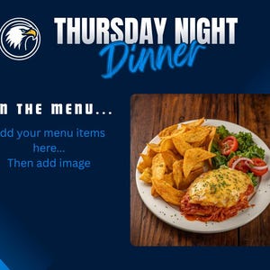 Puede incluir: Un plato de comida con un plato principal cubierto de queso, rodeado de gajos de patata, lechuga, tomates y cebollas. La imagen incluye el texto "THURSDAY NIGHT Dinner" y "ON THE MENU..."