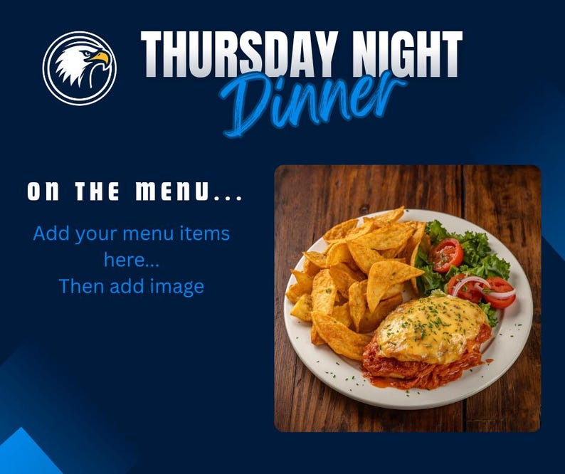 Puede incluir: Un plato de comida con un plato principal cubierto de queso, rodeado de gajos de patata, lechuga, tomates y cebollas. La imagen incluye el texto "THURSDAY NIGHT Dinner" y "ON THE MENU..."