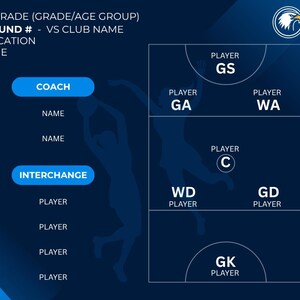 Puede incluir: Un diagrama de juego de netball azul oscuro con texto blanco. El diagrama incluye secciones para el entrenador, el intercambio y las posiciones de los jugadores: GS, GA, WA, C, WD, GD y GK. La esquina superior derecha presenta un logotipo de &aacute;guila blanca.
