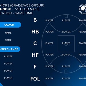 Puede incluir: Un diagrama azul oscuro para un equipo deportivo, que presenta un dise&ntilde;o de campo con posiciones de jugadores etiquetadas. El texto superior dice "SENIORS (GRADE/AGE GROUP)" y "ROUND # - VS CLUB NAME LOCATION - GAME TIME". Incluye secciones para "COACH" e "INTERCHANGE".