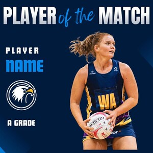 Puede incluir: Una jugadora de netball con uniforme azul marino y amarillo sosteniendo un bal&oacute;n de netball Gilbert. La imagen incluye el texto "PLAYER of the MATCH", "PLAYER NAME" y "A GRADE", junto con un logotipo de un &aacute;guila.