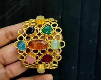 Handmade Gold Plated Rainbow Gemstone Cuff Bracelet