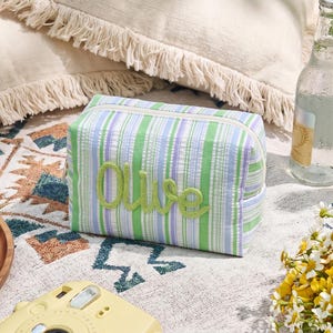 Op de afbeelding: Een rechthoekig stoffen etui met een verticaal gestreept patroon in groen, blauw en wit, met de naam Olive in groene schrijfletters op de voorzijde geborduurd. Het etui ligt op een deken met patroon naast een gele instantcamera en wat eten.