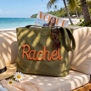 Personalized Chenille Letter Tote Bag, Custom Sorority Bag, Corduroy Beach Tote, Varsity Name Shoulder Bag, Bridesmaid Gift, Summer Vacation