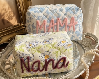 Personalized Mother's Day Gift for Grandma, Custom MAMA Makeup Bag,Chenille Script Name Pouch for Nana,Floral Toiletry Bag for Mom,Mimi Gift