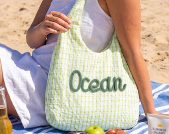 Personalized Gingham Beach Bag, Custom Chenille Name Slouchy Tote, Bachelorette Party Favors, Girls Trip Purse, Teen Graduation Gift