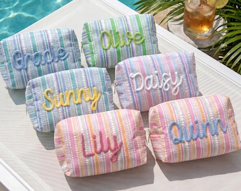 Custom Seersucker Makeup Bag Chenille Name Patch Personalized Bachelorette Vacation Travel Pouch Pool Party Bridesmaid Gift for Her Summer