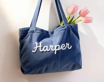 Custom Chenille Name Tote Bag, Personalized Corduroy Work Purse with Zipper, Bridesmaid Gift Bag, Spring Travel Tote, Mother's Day Gift