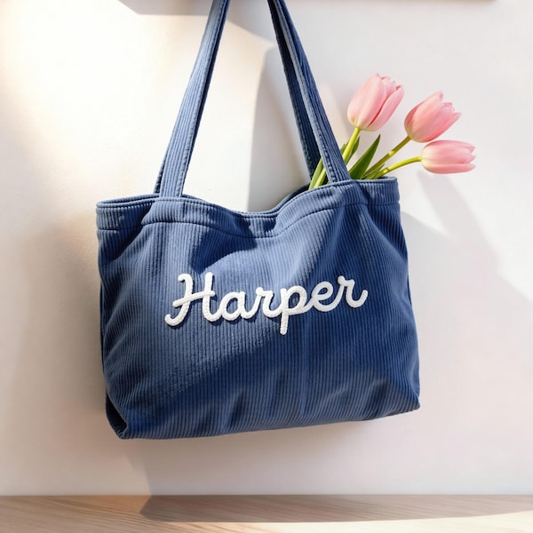 Custom Chenille Name Tote Bag, Personalized Corduroy Work Purse with Zipper, Bridesmaid Gift Bag, Spring Travel Tote, Mother's Day Gift
