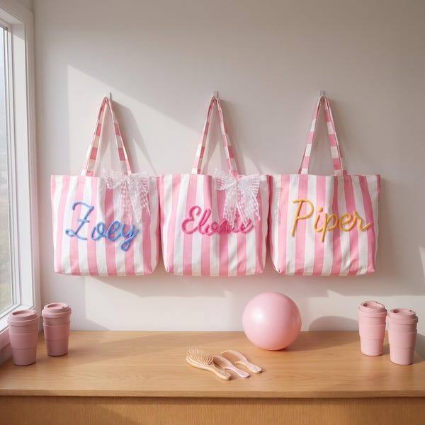 Personalized Striped Canvas Tote Bag, Pilates Barre Dance Team Gift for Women