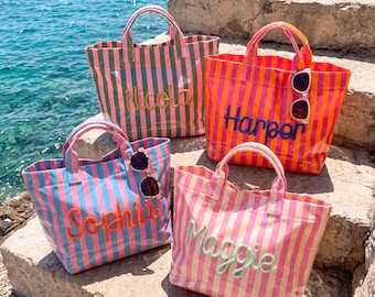 Personalized Striped PVC Tote Bag, Custom Name Bridesmaid Gift for Bridal Party