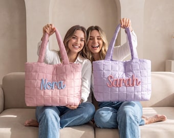 Best Friend Birthday Gift, Personalized Quilted Tote Bag, Custom Name Puffer Bag for Women, Bridesmaid Gift, Gift for Her Sister Best Friend