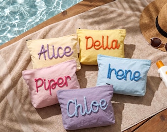 Personalized Chenille Patch Makeup Bag, Custom Name Pool Pouch, Bachelorette Welcome Bag, Bridesmaid Gift, Euro Summer Cosmetic Bag