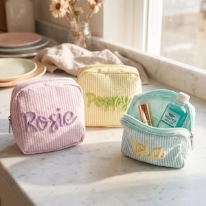 Personalized Seersucker Mini Pouch Chenille Name Travel Toiletry Bag Custom Cosmetic Organizer Gift for Her Girls Trip Vacation Essentials