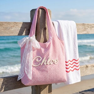 Personalized Seersucker Beach Bag, Custom Chenille Name Nautical Travel Tote, Striped Pool Bag for Summer Vacation, Birthday Gift for Women