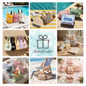 May include: A collage of personalized items including canvas wine bags, straw tote bags, zippered pouches with embroidered names, and slide sandals. The center features a brown gift box icon with the text FestiveTreatsCo in brown font.