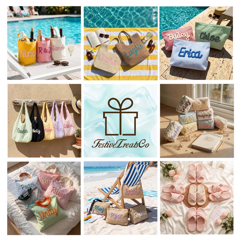 May include: A collage of personalized items including canvas wine bags, straw tote bags, zippered pouches with embroidered names, and slide sandals. The center features a brown gift box icon with the text FestiveTreatsCo in brown font.