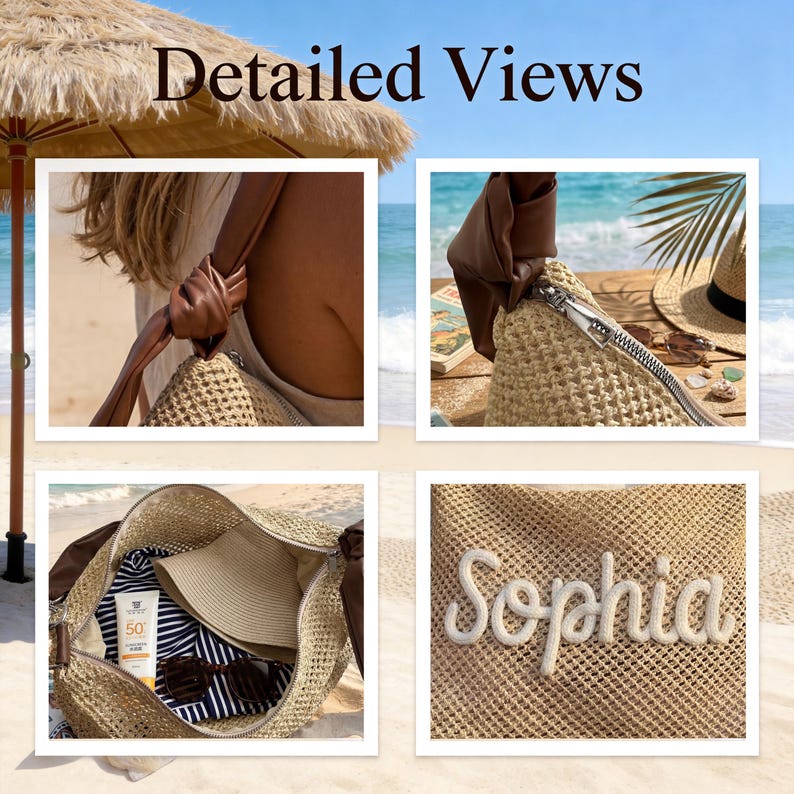 Puede incluir: Vistas detalladas de un bolso de playa tejido beige con asas de cuero marr&oacute;n y una cremallera plateada. La bolsa se muestra con un sombrero de paja, gafas de sol, protector solar y una toalla a rayas en el interior. El nombre "Sophia" est&aacute; bordado en la bolsa.