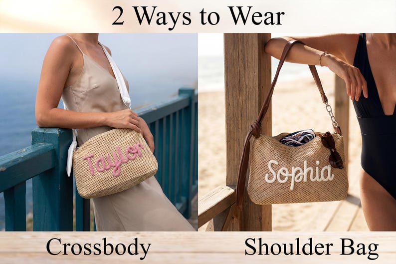 Puede incluir: Dos bolsos de paja tejida, uno usado como bandolera y el otro como bolso de hombro. El bolso bandolera tiene el nombre "Taylor" en escritura rosa. El bolso de hombro tiene el nombre "Sophia" en escritura blanca. La imagen muestra los bolsos en dos entornos diferentes.