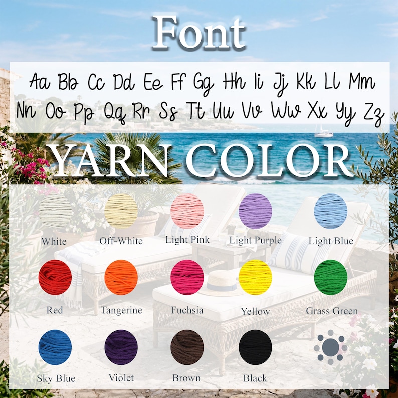 Pode incluir: Imagem mostrando uma variedade de cores de fio, incluindo branco, rosa claro e azul celeste, com a palavra "YARN COLOR" no topo. A imagem tamb&eacute;m exibe diferentes estilos de fonte. O fundo apresenta uma cena de praia com &aacute;gua azul e c&eacute;u claro.