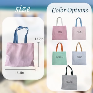 May include: Pink seersucker tote bag with blue handles, measuring 15.3 inches wide and 13.7 inches high. Color options include red, pink, green, blue, and black tote bags. The image shows the size and color options.