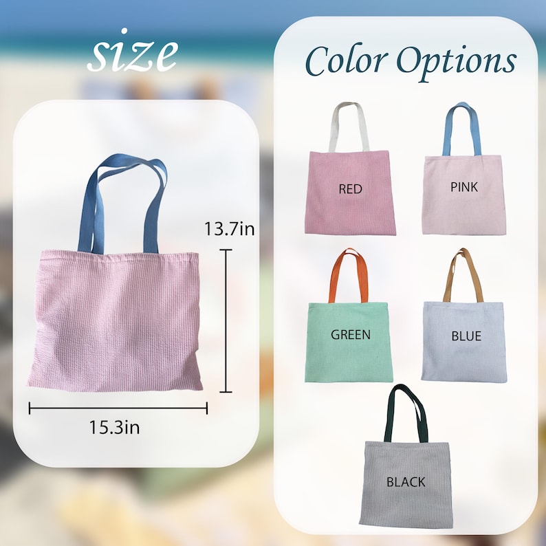 May include: Pink seersucker tote bag with blue handles, measuring 15.3 inches wide and 13.7 inches high. Color options include red, pink, green, blue, and black tote bags. The image shows the size and color options.