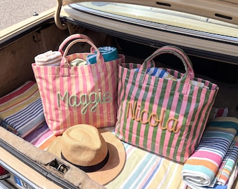 Personalized Striped Beach Tote, Custom Name Destination Wedding Gift for Bridesmaid