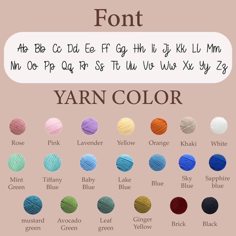 Puede incluir: Un gr&aacute;fico que muestra estilos de fuente y colores de hilo. La secci&oacute;n de fuente muestra letras may&uacute;sculas y min&uacute;sculas. La secci&oacute;n de color de hilo presenta varios colores, incluyendo Rose, Pink, Lavender, Yellow, Orange, Khaki, White, y m&aacute;s.