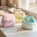 Personalized Seersucker Mini Pouch Chenille Name Travel Toiletry Bag Custom Cosmetic Organizer Gift for Her Girls Trip Vacation Essentials