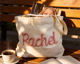 Bookish Tote Bag for Readers, Personalized Chenille Letter, Gift for Book Lover, Corduroy Book Club Tote, Aesthetic Laptop Bag