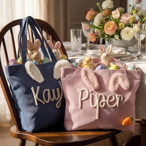 Personalized Pearl Bunny Ear Easter Basket, Custom Corduroy Tote Bag, Easter Chenille Name Gift, Preppy Sibling Matching Bag, Kids Gift