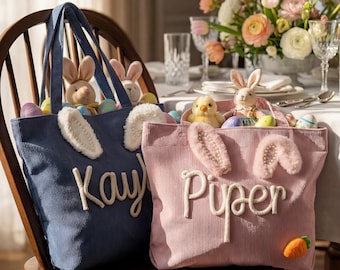 Personalized Pearl Bunny Ear Easter Basket, Custom Corduroy Tote Bag, Easter Chenille Name Gift, Preppy Sibling Matching Bag, Kids Gift