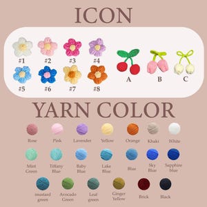 May include: A display of crochet yarn colors and crochet icons. The icons include flowers, cherries, and pom-poms. The yarn colors are arranged in rows and include shades of pink, blue, green, yellow, and orange. The word "ICON" and "YARN COLOR" are at the top.