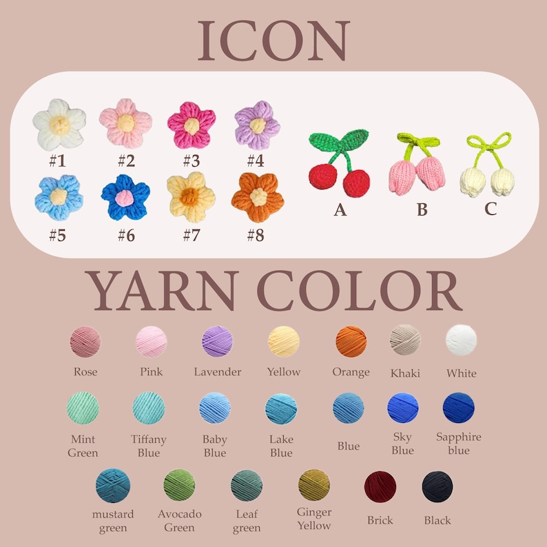 May include: A display of crochet yarn colors and crochet icons. The icons include flowers, cherries, and pom-poms. The yarn colors are arranged in rows and include shades of pink, blue, green, yellow, and orange. The word "ICON" and "YARN COLOR" are at the top.