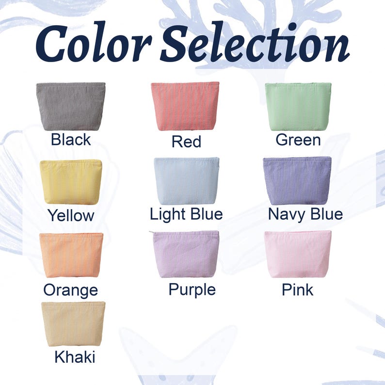 May include: A color selection chart featuring ten rectangular zippered pouches in various colors including black, red, green, yellow, light blue, navy blue, orange, purple, pink, and khaki, each with a vertical striped texture and labeled text.