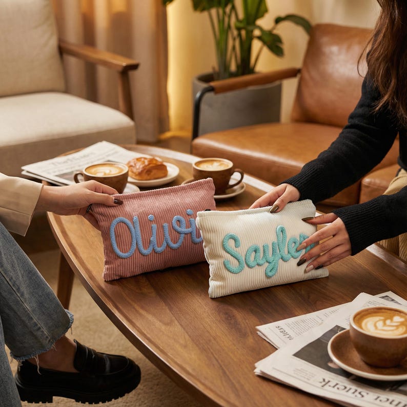May include: Two corduroy pouches, one pink and one cream, each with a name embroidered in a contrasting color. The pink pouch has "Olivia" in light blue, and the cream pouch has "Sayles" in teal. The pouches are on a wooden table.