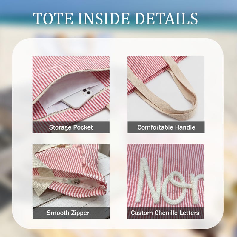 May include: Red and white striped tote bag with details including a storage pocket, comfortable handle, smooth zipper, and custom chenille letters. The text "TOTE INSIDE DETAILS" is at the top of the image.