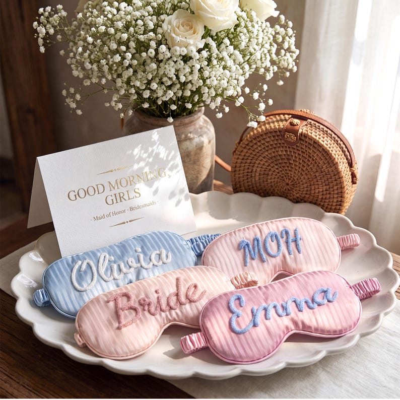 May include: Four satin sleep masks with striped textures and embroidered names. One light blue mask reads Olivia, one pink mask reads Bride, one pink mask reads MOH, and one pink mask reads Emma. Each mask features a matching elasticated strap.