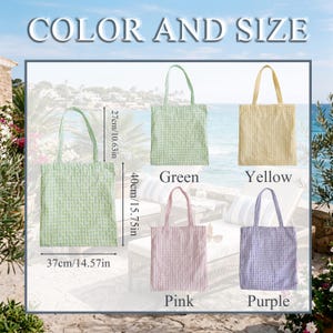 Pode incluir: Imagem de quatro sacolas verdes, amarelas, rosa e roxas. Cada sacola tem 37 cm de largura, 40 cm de altura e uma altura de al&ccedil;a de 27 cm. O texto "COLOR AND SIZE" est&aacute; no topo.