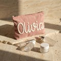 Personalized Corduroy Travel Toiletry Bag, Custom Name Chenille with Raised Cotton Lettering, Birthday Gift for Her, Mom, Bridesmaid Gifts