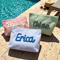 Custom Seersucker Makeup Bag Vacation Travel Pouch Personalized Chenille Name Toiletry Bag Summer Beach Bag Organizer Cosmetic Gift for Her product logo