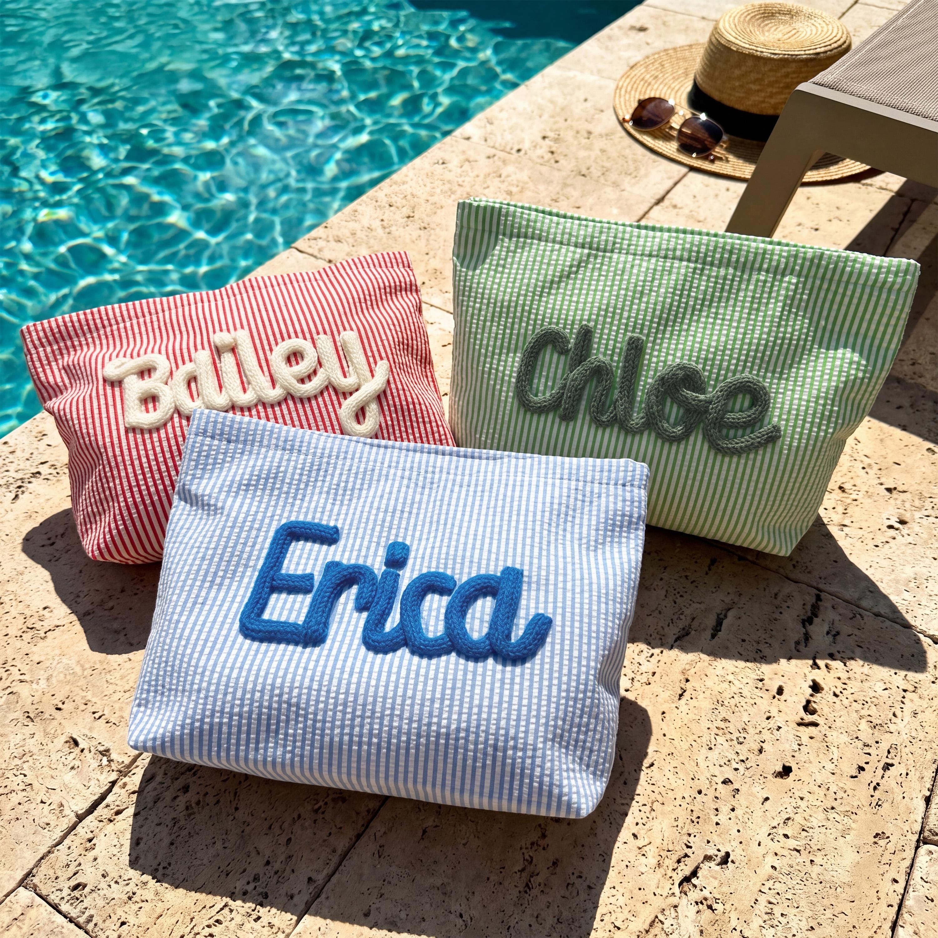 Personalized Seersucker Makeup Bag, Chenille Name Pouch, Bachelorette Gifts, Bridesmaid Party Favor, Girls Trip Travel Pouch