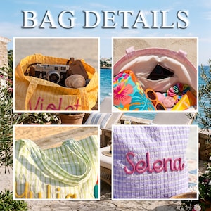 Pode incluir: A imagem mostra detalhes de sacolas de praia. Uma &eacute; amarela com o nome "Violet" bordado em rosa. Outra &eacute; xadrez verde e branco com "Lili" bordado em amarelo. Uma terceira sacola &eacute; lavanda com "Selena" em rosa.
