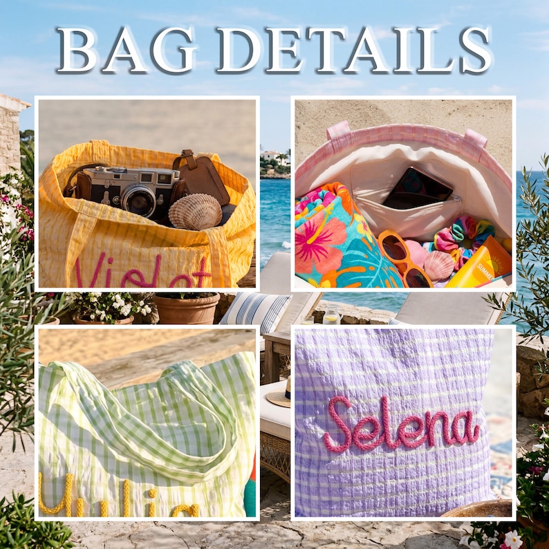 Pode incluir: A imagem mostra detalhes de sacolas de praia. Uma &eacute; amarela com o nome "Violet" bordado em rosa. Outra &eacute; xadrez verde e branco com "Lili" bordado em amarelo. Uma terceira sacola &eacute; lavanda com "Selena" em rosa.