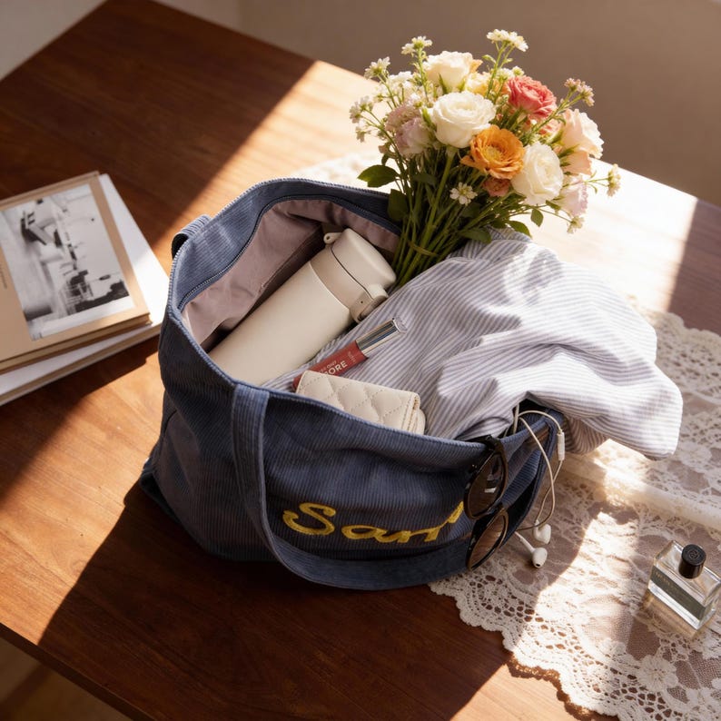Bookish Einkaufstasche für Leser, personalisierte Chenille Buchstabe, Geschenk für Buchliebhaber, Cord Book Club Tote, ästhetische Laptoptasche Bild 10