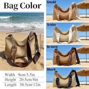 Puede incluir: Bolsos de hombro tejidos, disponibles en caqui, blanco, marr&oacute;n y negro. Cada bolso tiene un detalle de cadena y una correa de cuero sint&eacute;tico. Dimensiones: 9 cm de ancho, 20,5 cm de alto y 30,5 cm de largo.