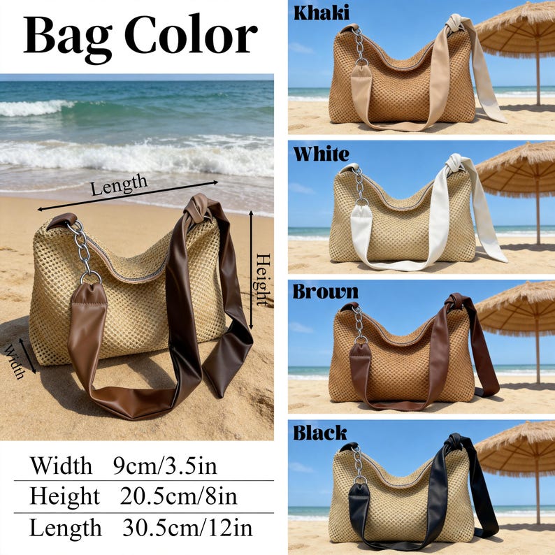 Puede incluir: Bolsos de hombro tejidos, disponibles en caqui, blanco, marr&oacute;n y negro. Cada bolso tiene un detalle de cadena y una correa de cuero sint&eacute;tico. Dimensiones: 9 cm de ancho, 20,5 cm de alto y 30,5 cm de largo.