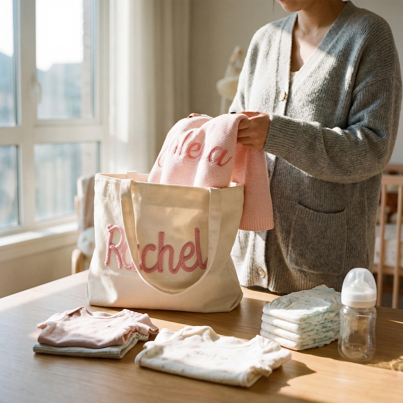 May include: A cream-colored canvas tote bag featuring the name Rachel embroidered in pink script. The bag is accompanied by folded baby clothing, a stack of diapers, and a clear plastic baby bottle on a wooden surface.