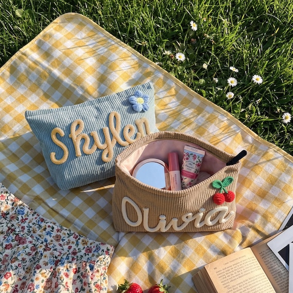 Custom Name Corduroy Makeup Bag Chenille Patch, Personalized Cosmetic Pouch, Coquette Cottagecore Birthday Gift, Bridesmaid Bachelorette