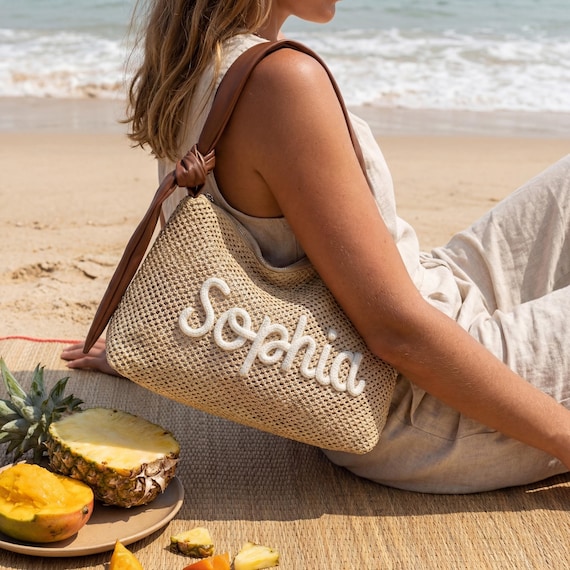 Personalized Straw Shoulder Bag, Tropical Summer Vacation Gift, Custom Chenille Name Beach Purse,Honeymoon Woven Tote, Resort Wear Aesthetic